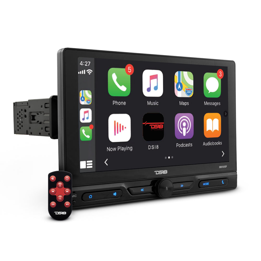 DS18 10.5" Floating Adjustable Modular Touchscreen Mechless Single-DIN Head Unit with Bluetooth, Apple Car Play, Android Mirror Link, USB, AUX, SD, AM, FM