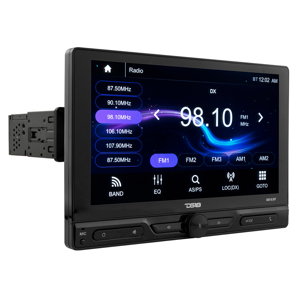 DS18 10.5" Floating Adjustable Modular Touchscreen Mechless Single-DIN Head Unit with Bluetooth, Apple Car Play, Android Mirror Link, USB, AUX, SD, AM, FM