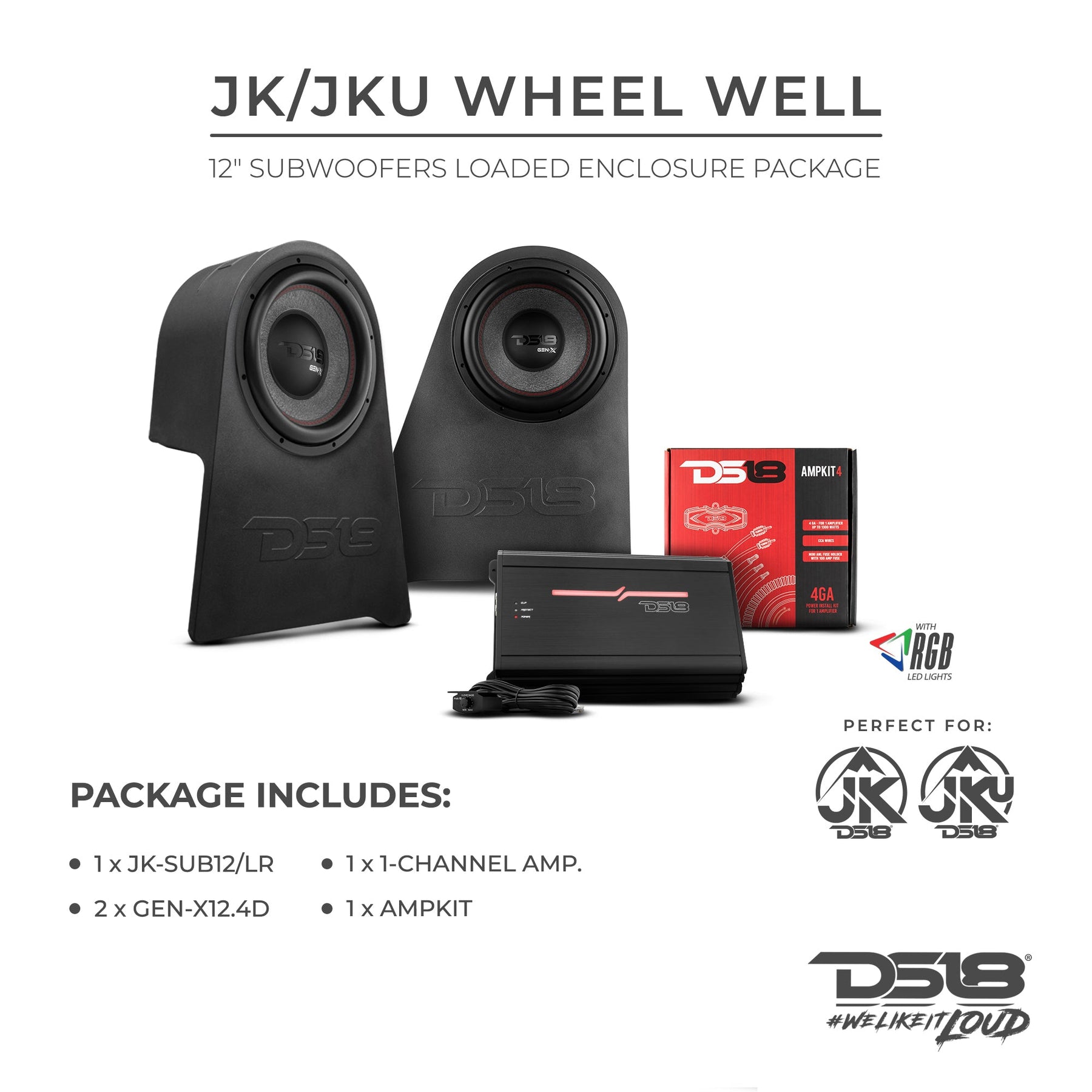 DS18 JK/JKU Wheel Well Subwoofer Enclosure Exclusive loaded Package